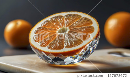 A transparent orange, cut in half, like a crystal, like a diamond. 127678672