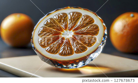 A transparent orange, cut in half, like a crystal, like a diamond. 127678673