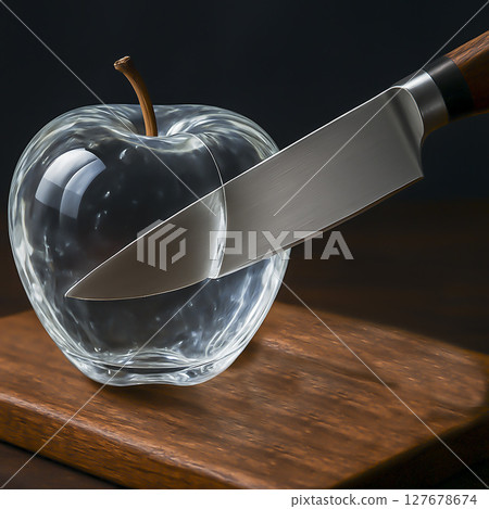 A transparent apple cut in half, like a crystal with a faceted surface, 127678674