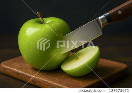 A transparent apple cut in half, like a crystal with a faceted surface, 127678675