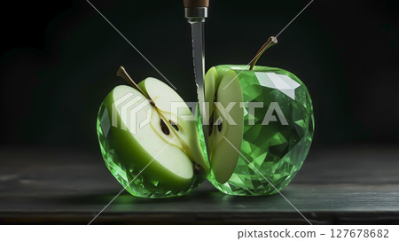 A transparent apple cut in half, like a crystal with a faceted surface, 127678682