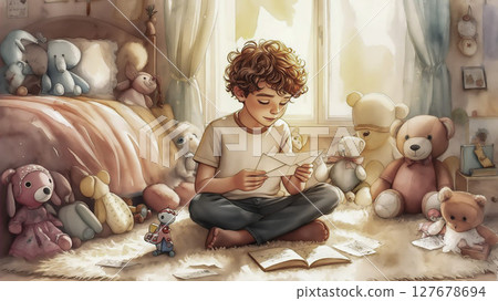 Boy Reading Letter Surrounded By Stuffed Toys In Cozy Bedroom Boy Reading Letter Surrounded By Stuffed Toys In Cozy Bedroom 127678694