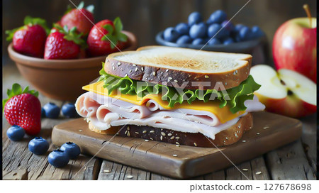 Freshly made sandwich with lettuce, cheese and bread surrounded by drinks 127678698