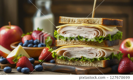 Freshly made sandwich with lettuce, cheese and bread surrounded by drinks 127678699