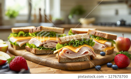 Freshly made sandwich with lettuce, cheese and bread surrounded by drinks 127678700