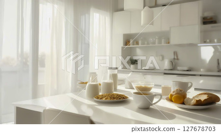 Freshly made sandwich with lettuce, cheese and bread surrounded by drinks 127678703