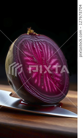 Transparent beetroot, cut in half, like a crystal with a faceted surface, 127678704