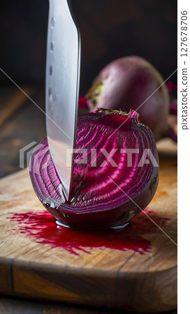 Transparent beetroot, cut in half, like a crystal with a faceted surface, 127678706