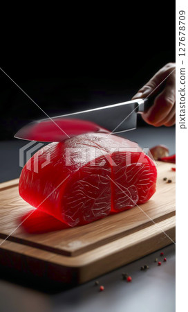 A transparent piece of meat, cut in half, like a crystal with a faceted surface, A transparent piece of meat, cut in half, like a crystal with a faceted surface, 127678709