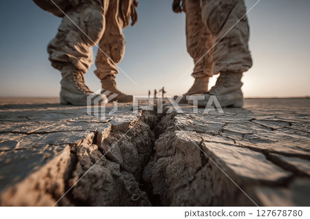 Two soldiers standing on cracked dry ground in combat boots Two soldiers standing on cracked dry ground in combat boots 127678780