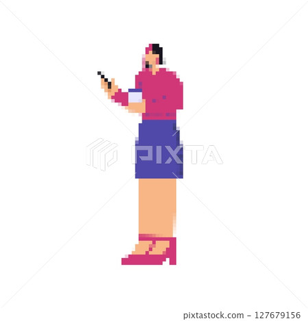 Mosaic pixel art woman in pink and blue outfit holding a smartphone and standing alone 127679156