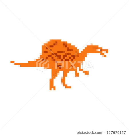 Mosaic pixel dinosaur icon in retro sprite style featuring vibrant orange pixelated design Mosaic pixel dinosaur icon in retro sprite style featuring vibrant orange pixelated design 127679157