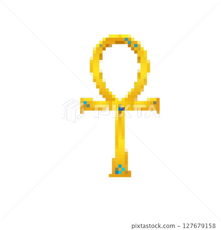 Mosaic pixel art ankh icon with a retro sprite style and vibrant yellow color depiction 127679158
