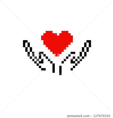 Mosaic pixel heart in hands symbolizing care and protection in retro pixel art style 127679193