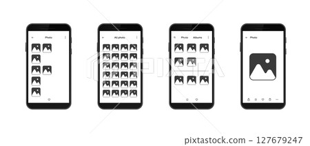 Mobile interface displaying different photo gallery layouts on smartphone screens Mobile interface displaying different photo gallery layouts on smartphone screens 127679247