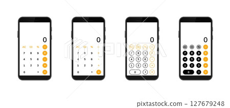 Four smartphone calculator apps displayed with different button designs and layouts 127679248