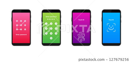 Four smartphones showing different security unlock methods with colorful screens Four smartphones showing different security unlock methods with colorful screens 127679256