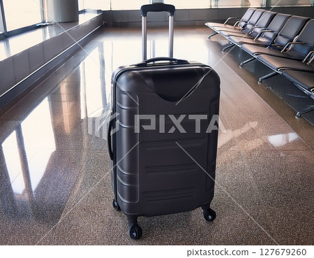 Modern travel suitcase with wheels, The suitcase is black, standing on the floor 127679260