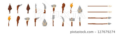 Collection of pixel art medieval weapons including swords axes spears and torches Collection of pixel art medieval weapons including swords axes spears and torches 127679274