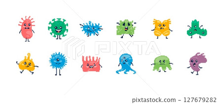 Colorful pixel art monsters with unique shapes and features in a fun and whimsical array Colorful pixel art monsters with unique shapes and features in a fun and whimsical array 127679282