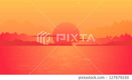 Majestic pixel sunset with vibrant red sun and golden horizon in digital art landscape 127679288