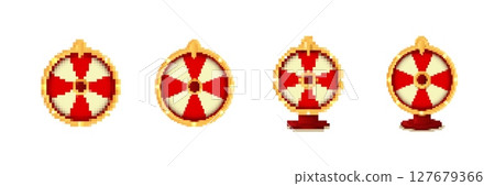 Pixelated red and white shield icons in various rotations and perspectives 127679366