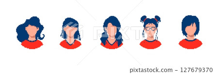 Five cartoon faces in pixel art style with different hairstyles and features Five cartoon faces in pixel art style with different hairstyles and features 127679370