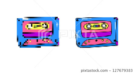 Retro audio tapes with bright colors and unique patterns on display with equal prominence Retro audio tapes with bright colors and unique patterns on display with equal prominence 127679383