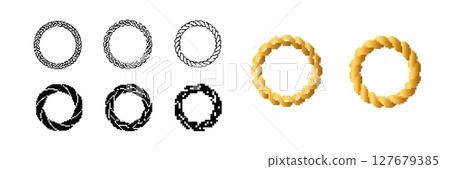 Set of round rope icons in black and gold with different patterns and textures Set of round rope icons in black and gold with different patterns and textures 127679385