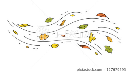 Autumn breeze with colorful falling leaves on a white background 127679393