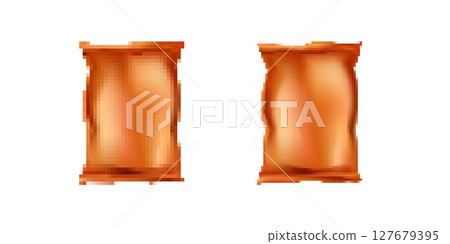 Two identical orange snack packets aligned side by side in vertical arrangement 127679395