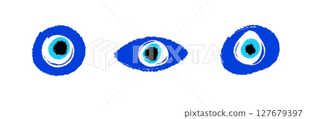 Three blue evil eye symbols with black centers on white Three blue evil eye symbols with black centers on white 127679397