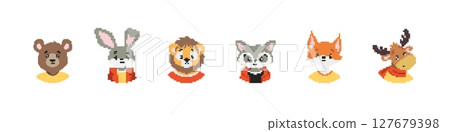 Six cute pixel art animals in colorful clothing with simple detailed features Six cute pixel art animals in colorful clothing with simple detailed features 127679398