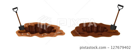 Two shovels in dirt show digging progress with different soil in cartoon drawing Two shovels in dirt show digging progress with different soil in cartoon drawing 127679402