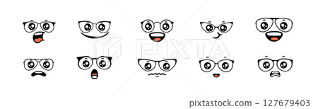 Cute cartoon faces with glasses and different expressions in black and white Cute cartoon faces with glasses and different expressions in black and white 127679403