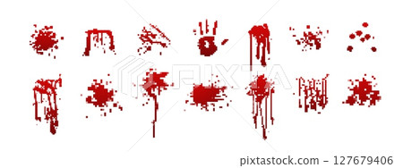 Collection of artistic red paint splatters featuring various shapes and drip patterns 127679406