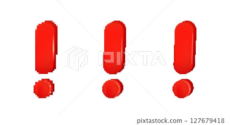 Pixelated red exclamation marks with glossy effect, bold digital punctuation 127679418