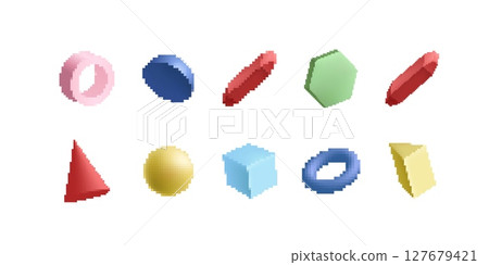 Ten colorful geometric shapes with pixelated style on white display 127679421