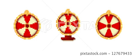 Colorful pixel art shields showing red and white patterns in circular formations image Colorful pixel art shields showing red and white patterns in circular formations image 127679433