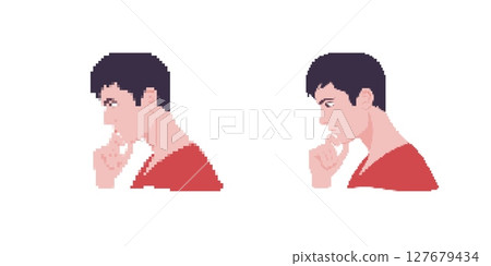 Pixel art style of two side profiles of a thoughtful person wearing a red shirt 127679434