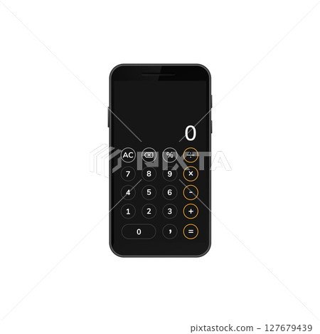 Digital calculator display on mobile screen with numbers and function keys visible 127679439