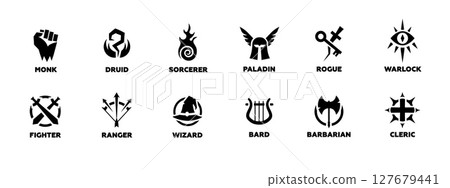 Various fantasy character symbols representing different classes and their unique abilities 127679441
