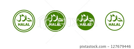 Four green halal symbols in circles displaying arabic text for permissible food 127679446