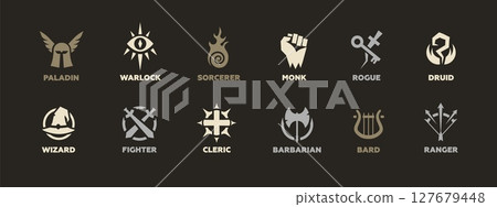 Iconic fantasy character classes symbols including paladin warlock sorcerer and more 127679448