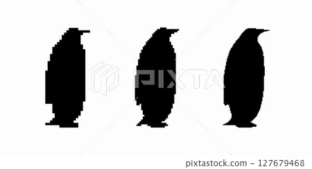 Three penguin silhouettes standing side by side in a simple illustration format Three penguin silhouettes standing side by side in a simple illustration format 127679468