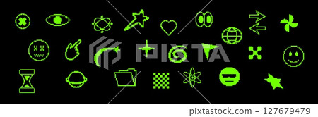 Pixel icons with retro green and abstract digital elements. 127679479