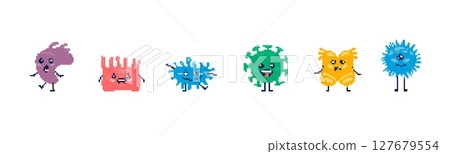 Colorful pixel art characters with expressive faces and unique shapes 127679554