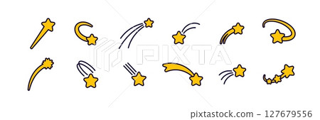 Various hand-drawn yellow shooting stars with black outline in vector style 127679556