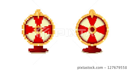 Pixel art fortune wheel icon with red and white pattern for games and apps Pixel art fortune wheel icon with red and white pattern for games and apps 127679558