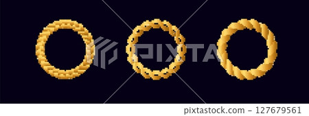 Three pixel art golden rings show different intricate designs and styles in circular formation 127679561
